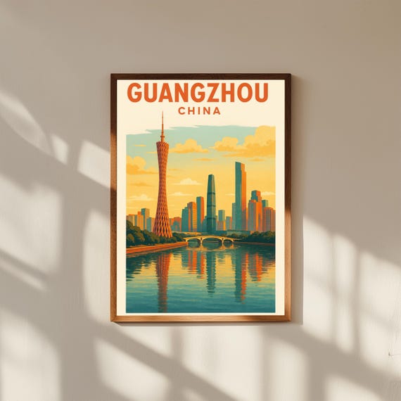 Guangzhou China Vintage Travel Poster Print – Retro Wall Art of Canton Tower & Pearl River Skyline – Chinese City Decor for Home