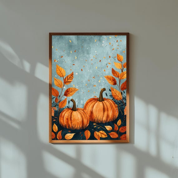 Retro Autumn Wall Art with Pumpkins and Fall Leaves – Vintage Fall Decor Print, Cozy Farmhouse Style, Thanksgiving Seasonal Poster
