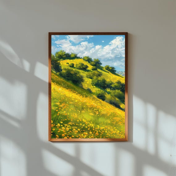 Yellow Wildflowers on Sunlit Hillside Art Print | Spring Meadow Wall Art | Nature Landscape Poster | Bright Floral Country Decor