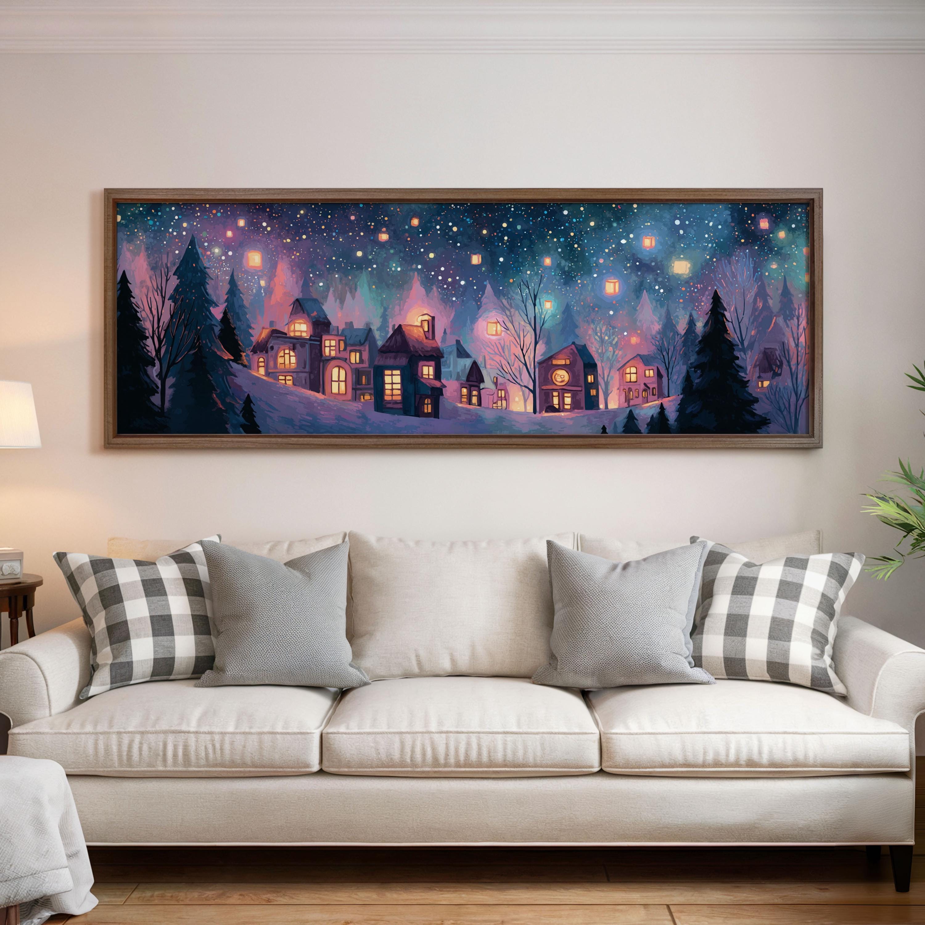 Winter Village Lantern Art Print: Whimsical Starry Night Wall