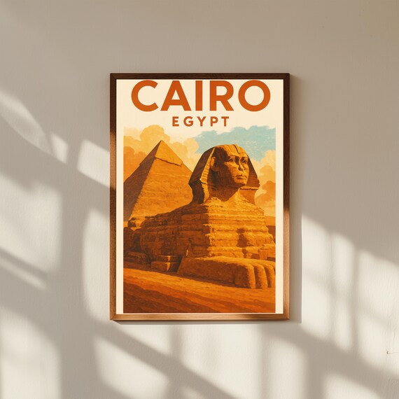 Cairo Egypt Vintage Travel Poster Print – Retro Wall Art of Pyramids and Sphinx – Egyptian Travel Decor for Home or Office