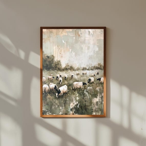 Country Farmhouse Painting – Cows & Sheep Grazing in Field – Rustic Pastoral Wall Art for Home or Cabin Decor