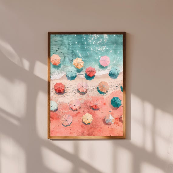 Beach Umbrellas Aerial Wall Art | Colorful Coastal Painting | Summer Ocean Print | Top-Down Seaside Decor | Vibrant Beach Artwork