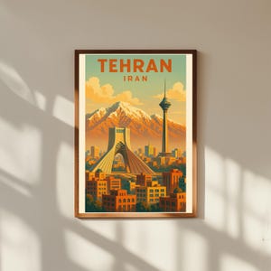 Póster vintage de viaje de Teherán, Irán: arte mural retro de la Torre Milad y las montañas de Alborz: decoración urbana persa para el hogar o la oficina.
