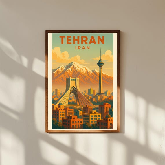 Tehran Iran Vintage Travel Poster Print – Retro Wall Art of Milad Tower & Alborz Mountains – Persian City Decor for Home or Office