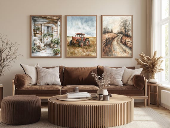 Farmhouse Wall Art Set of 3 – Rustic Porch, Red Tractor & Country Road Prints, Country Home Decor for Living Room or Entryway