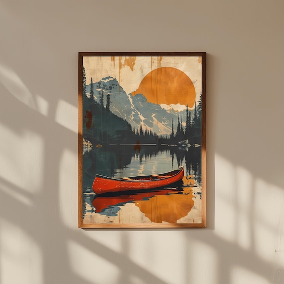 Retro Canoe Lake Wall Art | Calm Lake & Mountain Poster | Vintage Outdoor Adventure Print | Rustic Cabin Decor | Nature Lover Gift