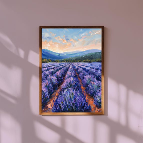 Lavender Field Oil Painting – Endless Bloom Landscape Print – Blue Mountain Horizon Wall Art – Serene Nature Fine Art Poster