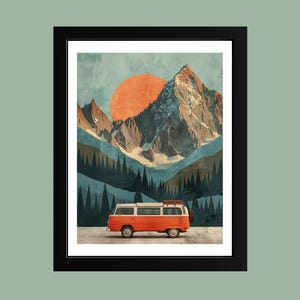 Retro Road Trip Wall Art with Vintage Campervan | Mountain Drive Travel Poster | Rustic Adventure Decor | Vanlife Gift | Cabin Print