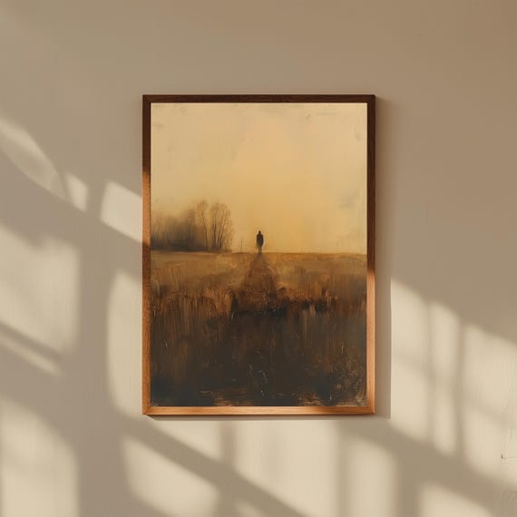 Ghost in Harvested Field at Dusk – Oil Painting Print, Gothic Fall Landscape Art, Haunted Farm Scene, Spooky Autumn Wall Decor