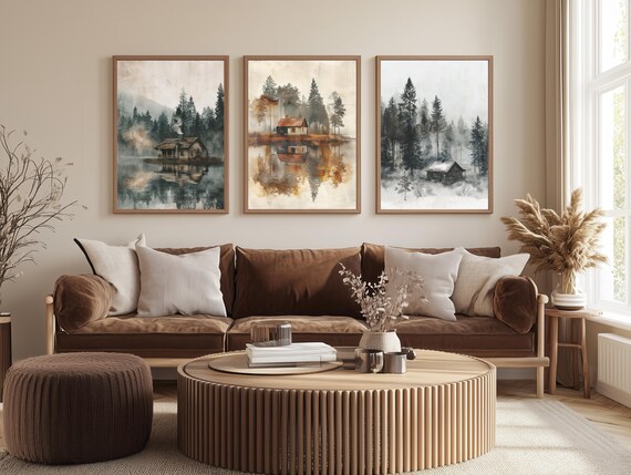 Cabin in Forest Wall Art Set of 3 – Misty Lake, Autumn Reflection & Winter Pines Prints – Rustic Woodland Decor