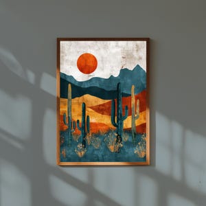 Retro Wüste Wand Kunst Druck – Vintage Kaktus Sonnenuntergang Illustration Boho Wohndekor – Mid Century Modern Poster