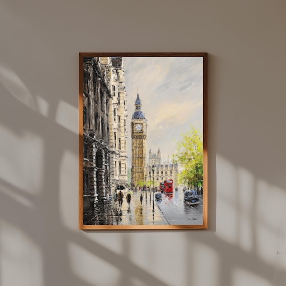 London Big Ben Wall Art – Oil Painting Cityscape Print – Red Bus Street Scene – Rainy London Decor for Home or Office