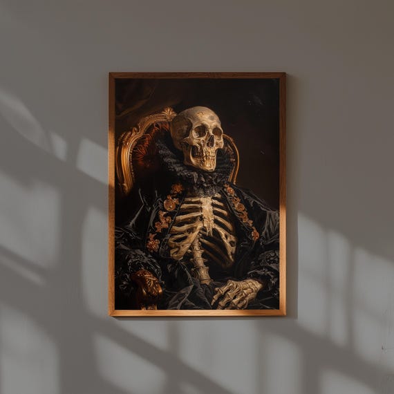 Skeleton Portrait Oil Painting | Gothic Skeleton in Grand Chair Print | Vintage Macabre Art | Victorian Skull Wall Art | Dark Decor