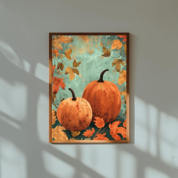 Retro Autumn Wall Art with Pumpkins and Fall Leaves – Vintage Fall Decor Print, Cozy Farmhouse Style, Thanksgiving Seasonal Poster