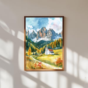 Val di Funes Italy Watercolor Print: Dolomites Alpine Landscape