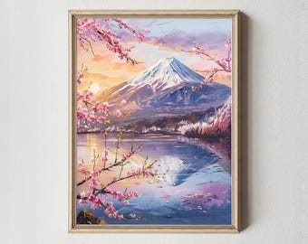 Mount Fuji Sunrise Oil Painting Print: Japanese Cherry Blossom Landscape