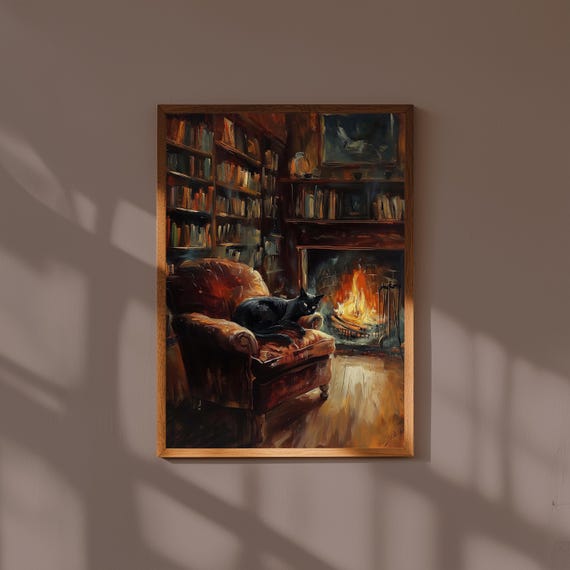 Dark Academia Fine Art Print – Black Cat on Velvet Armchair – Moody Study Room Wall Art for Literary Interiors