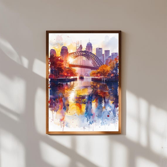 Sydney Watercolor Wall Art Print | Australia Skyline Poster | Sydney Opera House & Harbour Bridge | Cityscape Travel Decor Gift