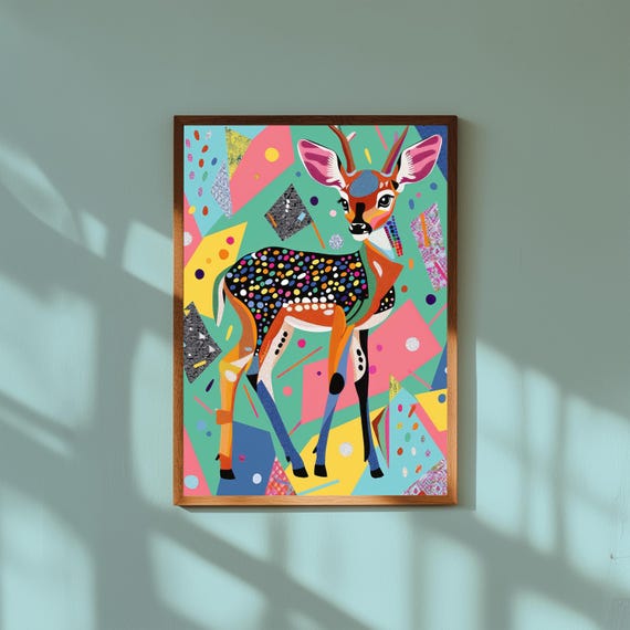 Funky Baby Deer Nursery Art – Whimsical Fawn Poster Print, Cute Woodland Animal Wall Art, Modern Gender Neutral Nursery Decor