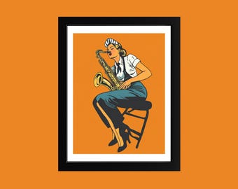 Retro Jazz Girl Art Print: Saxophone Player, Vintage Pop Art