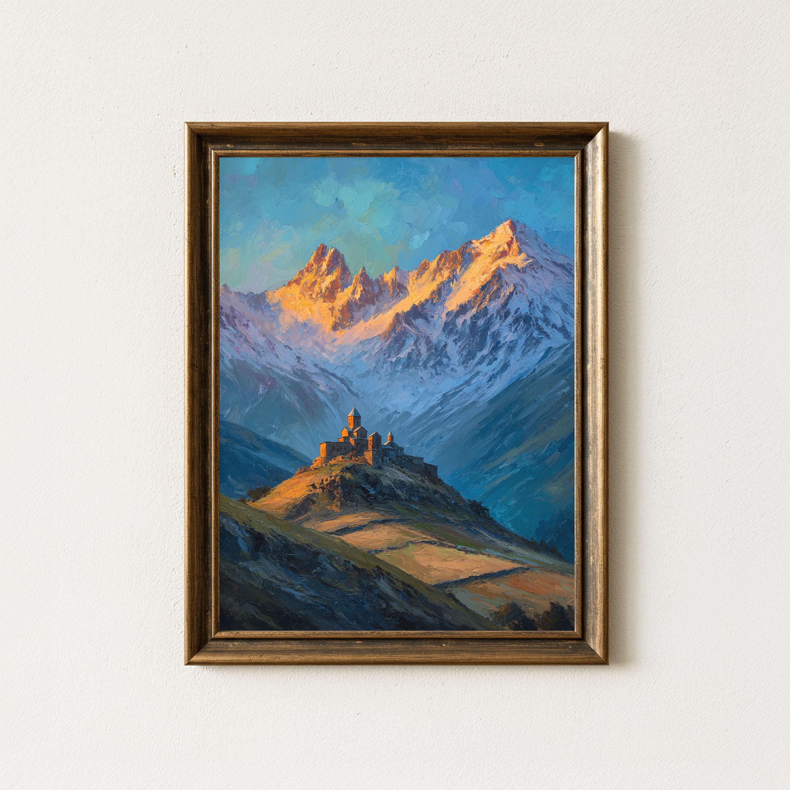 Gergeti Trinity Church Oil Painting: Caucasus Mountain Art Print