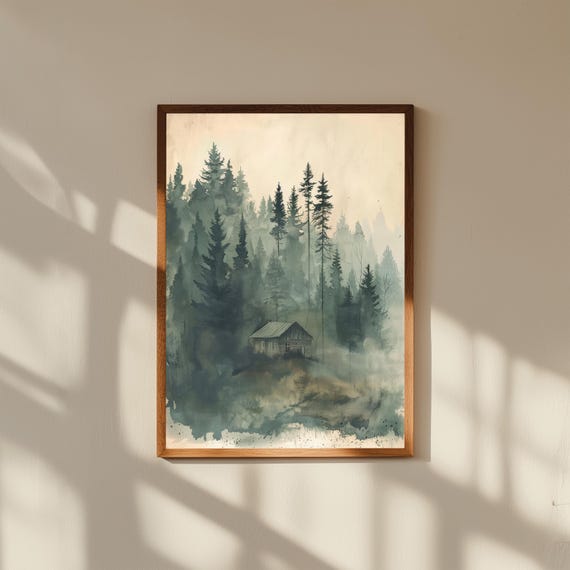 Dreamy Cabin in Misty Pine Forest – Foggy Woodland Wall Art, Serene Nature Poster Print, Cozy Cabin Decor, Rustic Forest Landscape