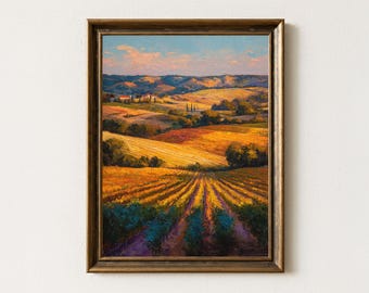 Toscaanse wijngaardkunstafdruk | Goudkleurig Italiaans landschap, boerderijdecor
