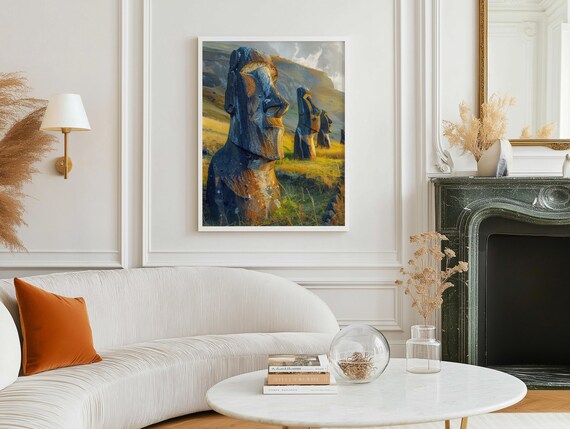 Watercolor Painting of Moai Statues Easter Island | Rapa Nui Monument Wall Art Print | Ancient Travel Landmark Poster