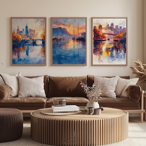 Conjunto de impresiones en acuarela de paisajes urbanos de Australia: arte del horizonte de Melbourne y Sídney