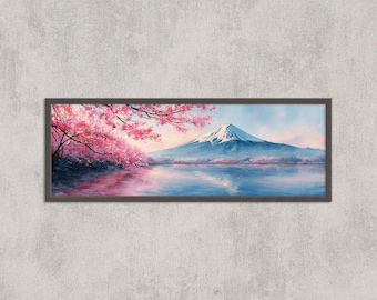 Arte mural panorámico del monte Fuji / Impresión de paisaje japonés con acuarela de flor de cerezo / Decoración panorámica de Sakura
