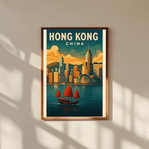 Hong Kong Travel Poster: Vintage Victoria Harbour Skyline Art