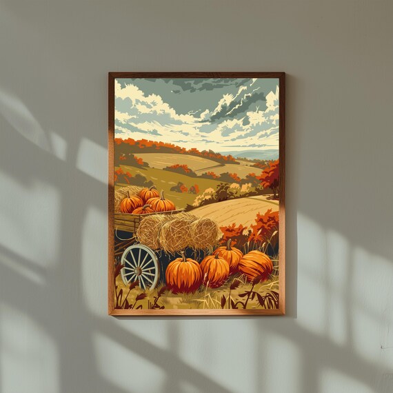 Vintage Fall Farm Print – Hay Bales in Field & Pumpkin Wagon – Rustic Autumn Harvest Wall Art – Country Landscape Decor