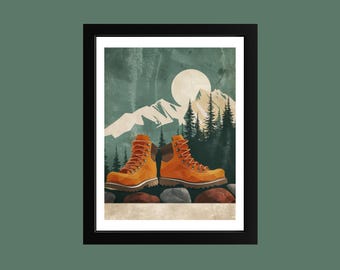 Retro Hiking Boots Wall Art with Mountain Silhouette | Vintage Outdoor Adventure Print | Rustic Cabin Decor | Hiker Gift Poster