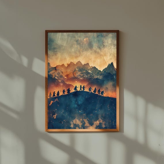 Lord of the Rings Art Print – Fellowship Silhouette Poster, Epic Fantasy Landscape Wall Art, LOTR-Inspired Middle Earth Decor