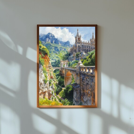 Watercolor Painting of Las Lajas Sanctuary Colombia | Cliffside Church Wall Art Print | Gothic Architecture Travel Poster