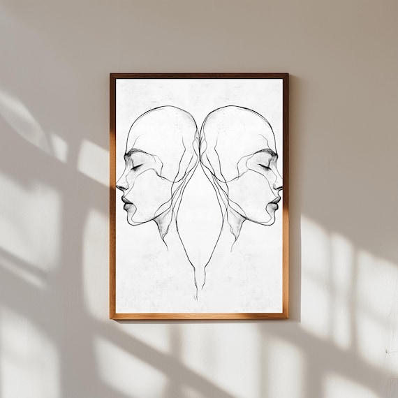 Minimalist Line Art of Mirrored Abstract Faces – Modern Symmetry Wall Print – Fused Dual Face Drawing – Boho Neutral Art Poster
