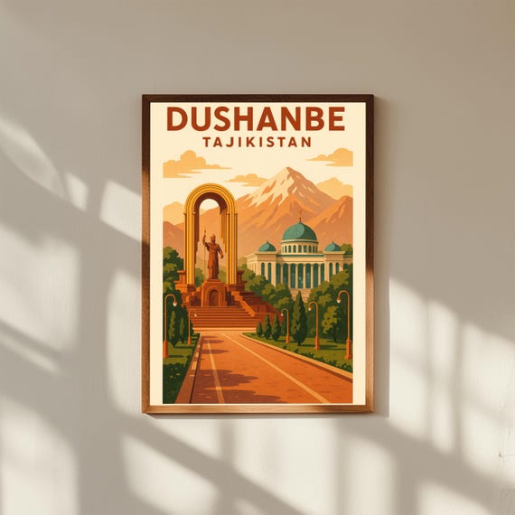 Dushanbe Tajikistan Vintage Travel Poster Print – Retro Wall Art of Rudaki Avenue & Mountains – Central Asia Decor for Home