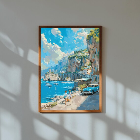 Amalfi Coast Summer Oil Painting Print, Mediterranean Wall Art, Italian Seaside Poster, Coastal Landscape Decor, Europe Travel Art
