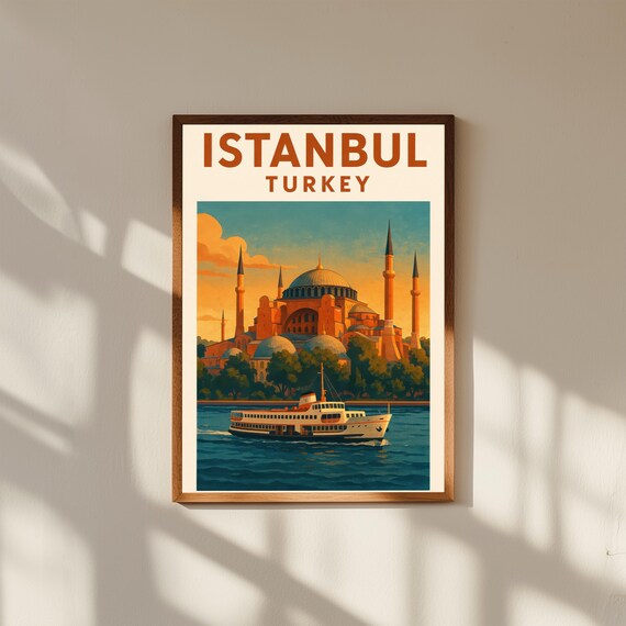 Istanbul Vintage Travel Poster, Retro Turkey Wall Art, Hagia Sophia Illustration, Historic Cityscape Print, Bosphorus Travel Decor