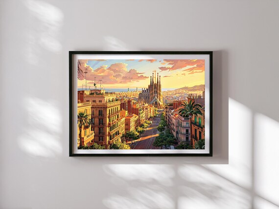 Barcelona Illustration Wall Art – Spain Cityscape Print – Travel Poster of Sagrada Familia – Mediterranean Decor – Urban Skyline Artwork