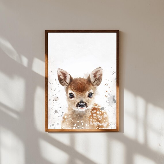 Sweet Baby Deer Watercolor Wall Art | Woodland Nursery Animal Print | Forest Fawn Baby Room Decor | Gender Neutral Baby Shower Gift