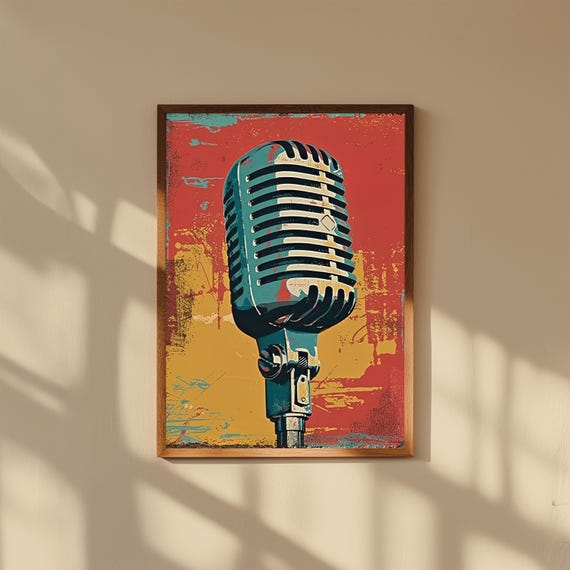 Retro Vintage Microphone Canvas Wall Art | Bold Color Music Print | Pop Art Music Decor | Singer Gift | 50s Style Microphone Poster