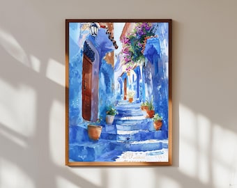 モロッコ、シャウエンのアートプリント：青い街の水彩風景 - Etsy 日本