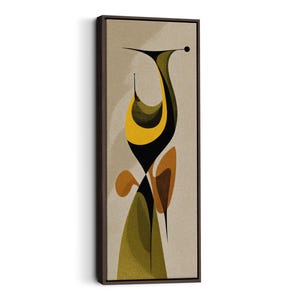Può includere: Stampa artistica astratta in una tela rettangolare con cornice scura. L'opera presenta un design verticale stilizzato con forme in giallo, nero, marrone e verde oliva su uno sfondo beige. La composizione generale è moderna e minimalista.
