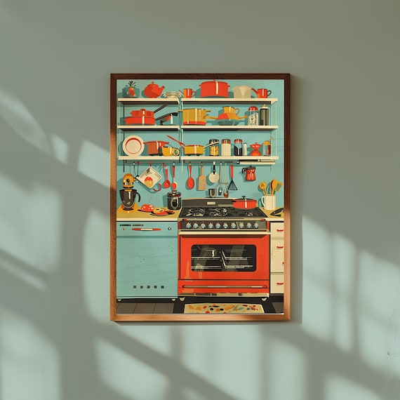 Retro Kitchen Conversions Wall Art – Vintage Cooking Chart Print, 50s Style Kitchen Decor, Baking Measurement Guide, Mid-Century Poster