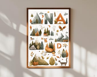 Poster per bambini con alfabeto avventuroso: arte murale da campeggio dalla A alla Z