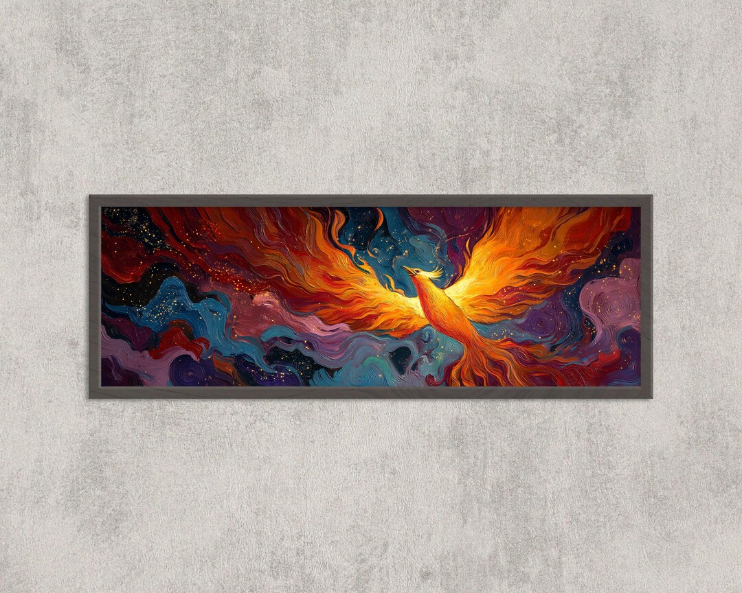 Phoenix Rising Wall Art, Fiery Mythical Bird Painting, Cosmic Fantasy ...