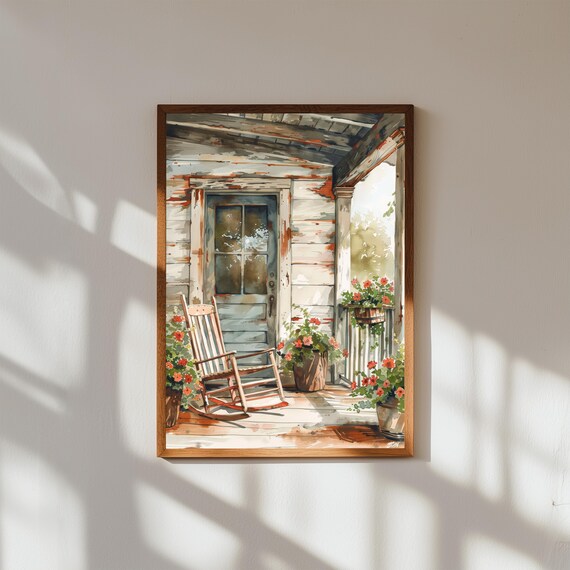 Farmhouse Porch Painting – Rocking Chair & Flower Pot Wall Art – Cozy Country Decor for Rustic Home or Cottage