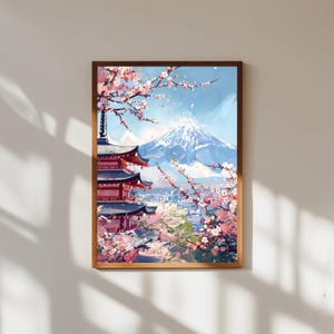 Mount Fuji Japan Print | Cherry Blossom Watercolor Art | Chureito Pagoda Wall Poster | Sakura Spring Landscape Decor